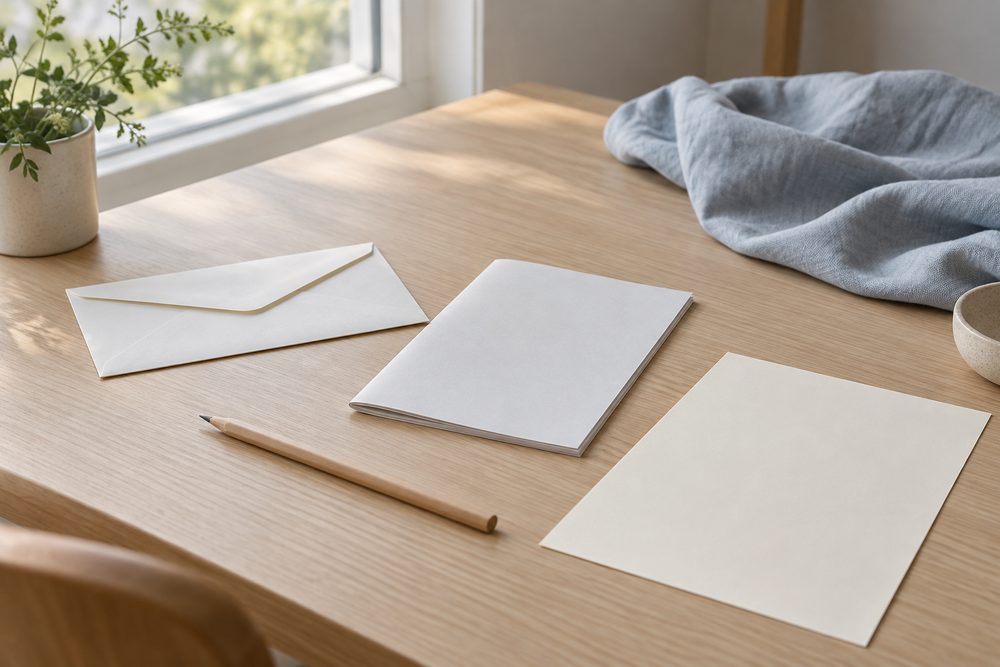 明るい木目の机の上に、無地の封筒と薄い冊子、鉛筆を置く（イメージ）